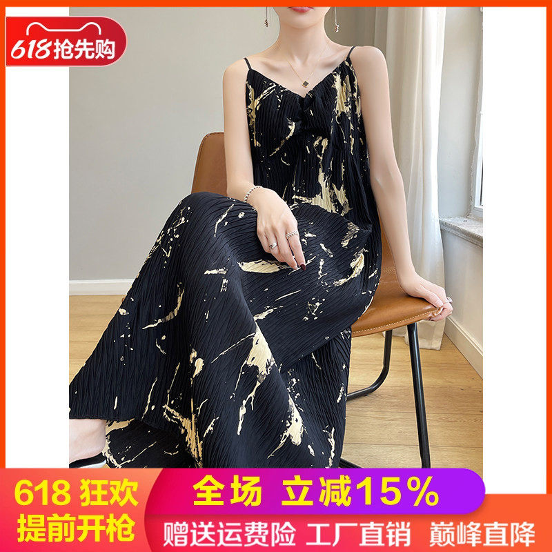 夏季新款V领真丝印花吊带连衣裙