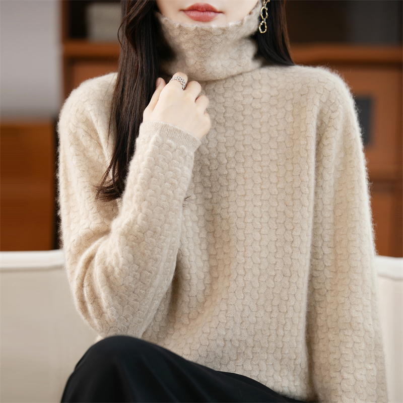 100%纯羊毛衫针织毛衣女堆堆高领提花长袖宽松百搭羊绒衫上衣打底