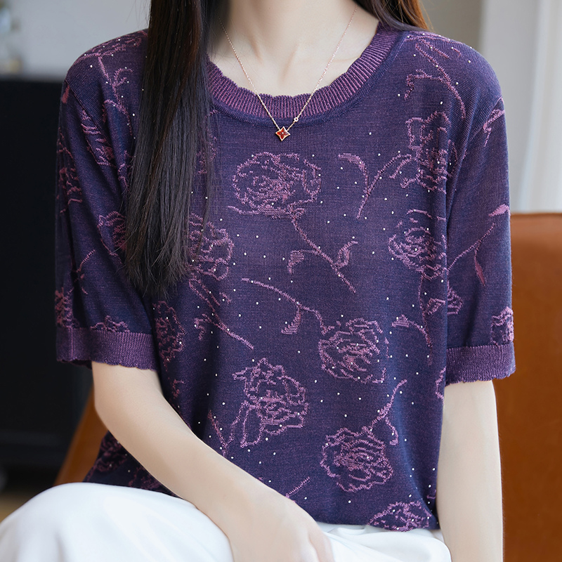 100%莱赛尔天丝针织短袖T恤女圆领玫瑰花镶钻半袖上衣宽松打底衫