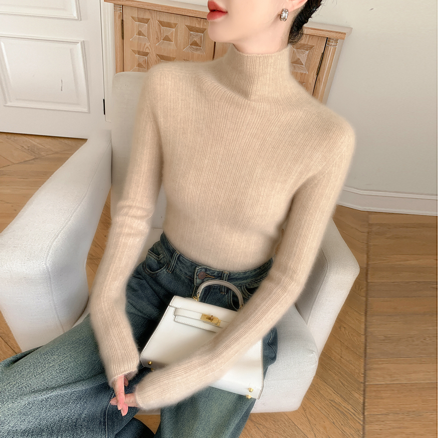 半高领一线成衣坑条毛衣打底