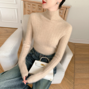 高级感baby小山羊绒衫女半高领一线成衣坑条针织毛衣修身羊毛打底