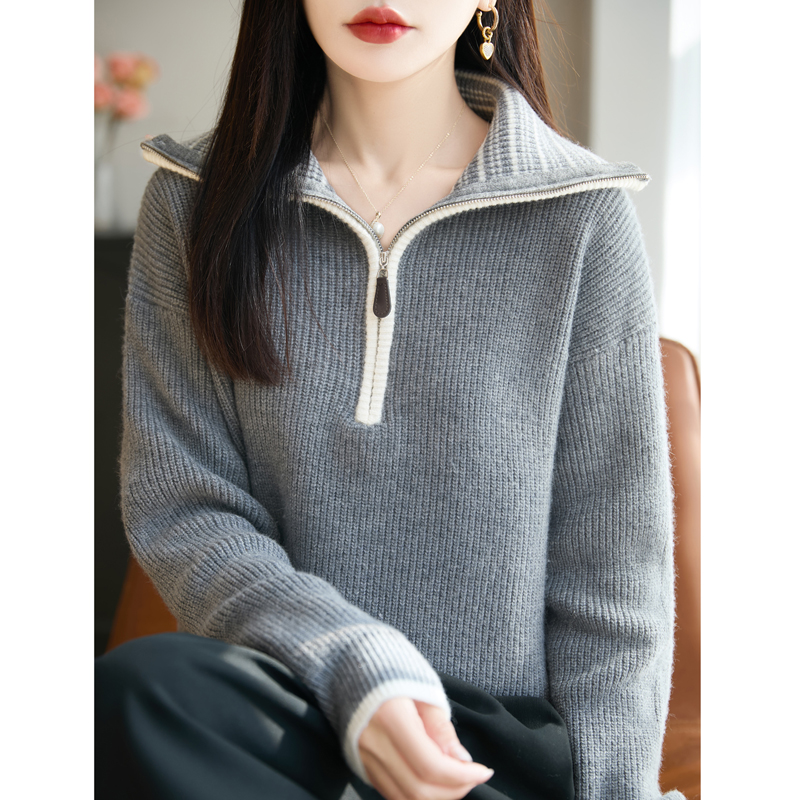 加厚半开拉链翻领精纺羊毛衫毛衣