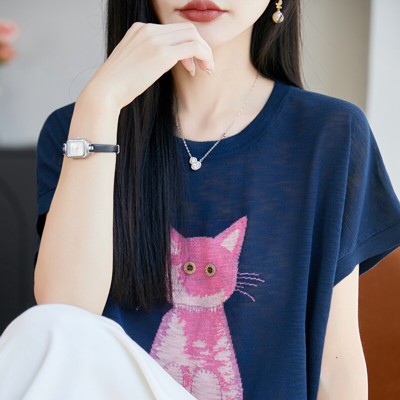 圆领拼色竹节麻针织短袖T恤女夏季猫咪提花背心上衣宽松半袖打底