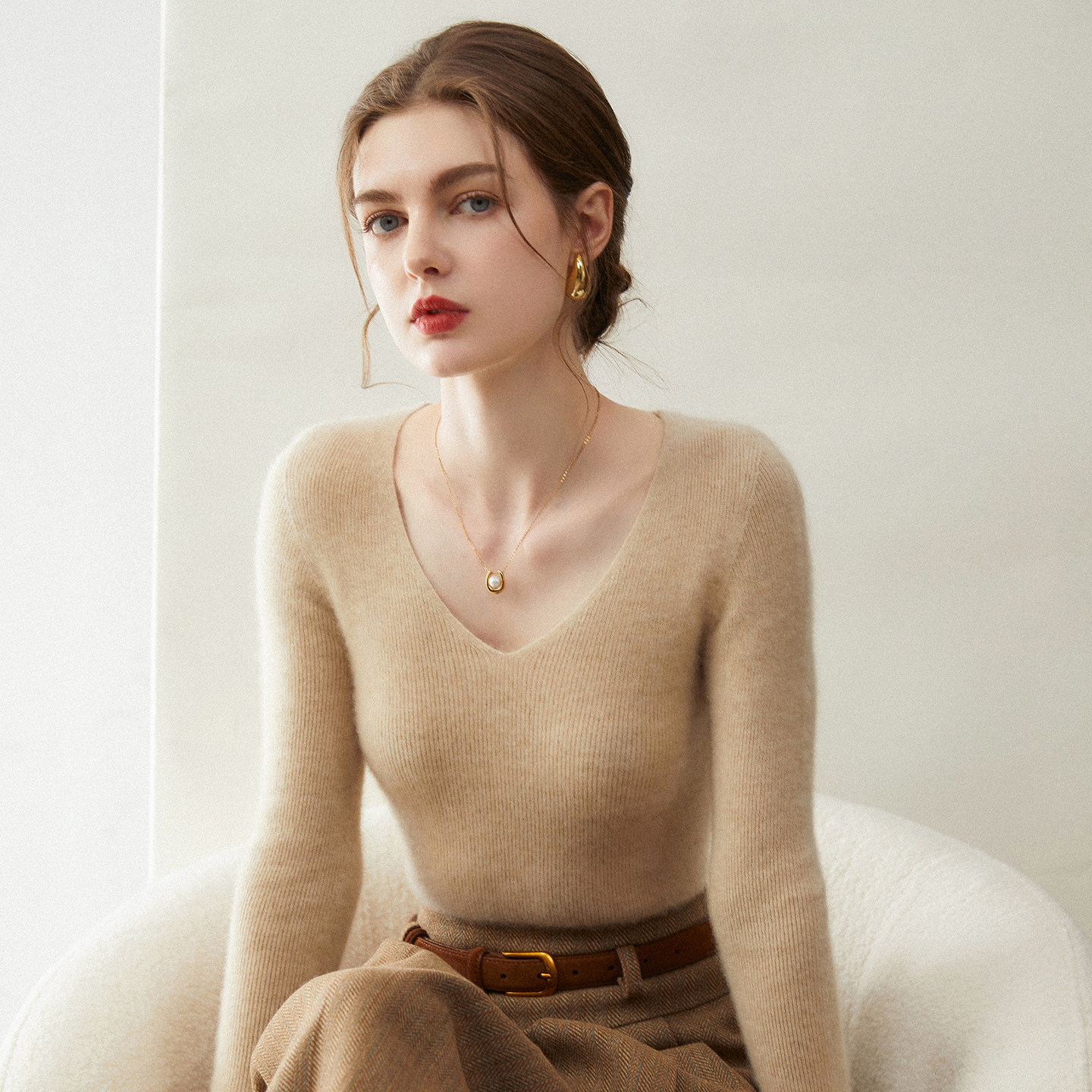 康赛妮高端山羊绒衫女一线成衣V领坑条针织毛衣修身显瘦羊毛打底,女装/女士精品,羊绒衫,淘宝优惠券,粉丝福利购,淘宝优惠卷