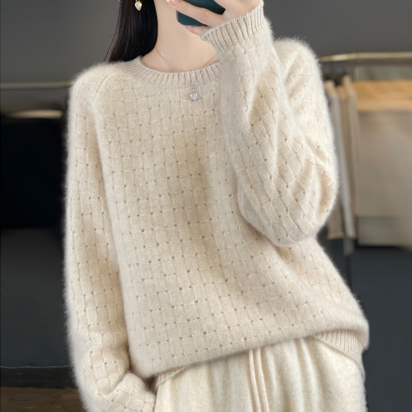 宽松镂空羊毛衫女华夫格提花毛衣