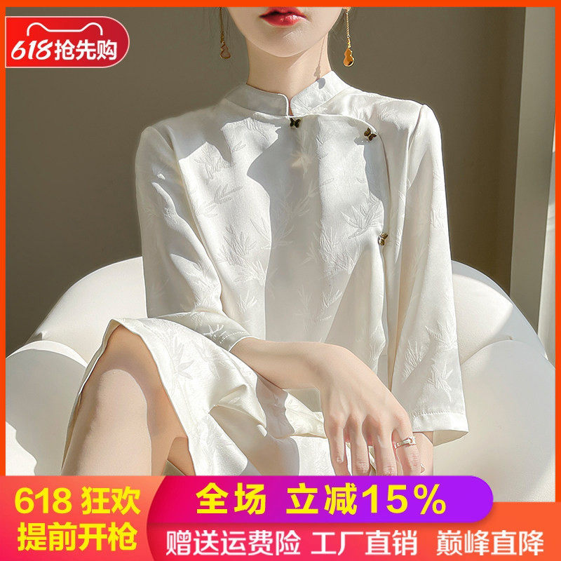 春秋国风新中式缎面连衣裙女立领复古盘扣长裙醋酸真丝五分袖裙子