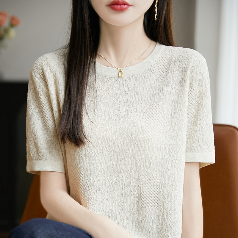 夏季圆领莱赛尔天丝五分袖针织上衣女肌理感提花短袖宽松打底T恤