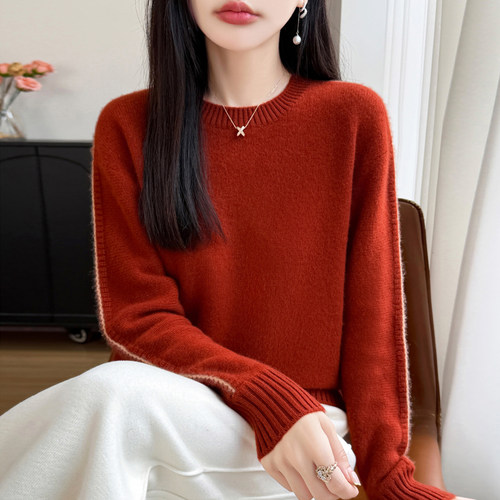 100%羊毛加厚拼色女毛衣打底上衣