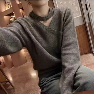 韩系氛围感挂脖V领100纯羊毛衫女欧货长袖针织毛衣宽松羊绒衫打底