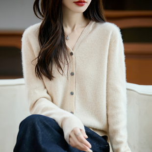 温柔慵懒风100%纯羊毛衫女连帽开衫外套宽松百搭V领羊绒针织毛衣