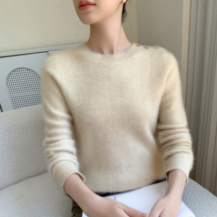 baby小山羊绒衫 女圆领提花纽扣针织毛衣宽松显瘦套头羊绒打底上衣