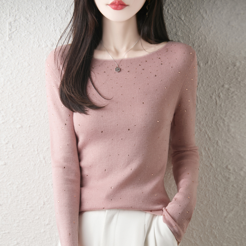 一字领镶钻精纺羊毛衫女打底毛衣