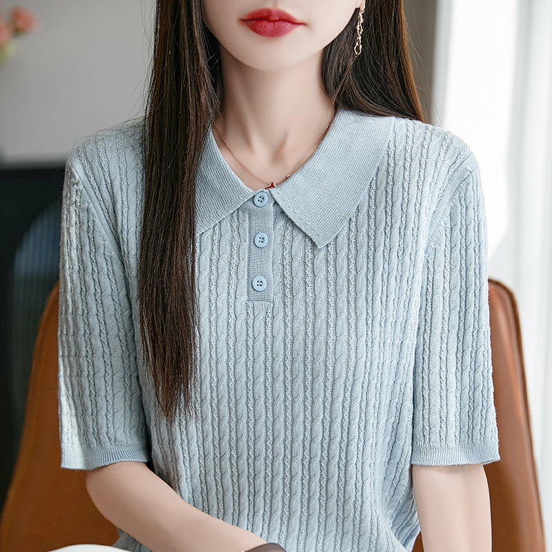 25春夏精纺羊毛针织短袖女polo领麻花镂空上衣宽松薄款半袖T恤