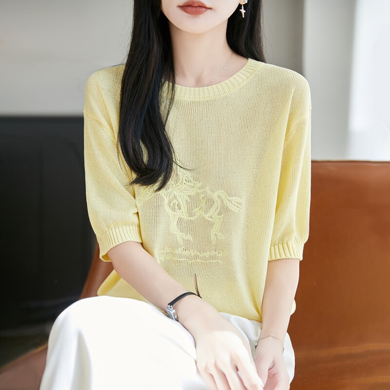 26夏季珍珠麻花小马刺绣针织短袖T恤女圆领纯色半袖上衣宽松打底