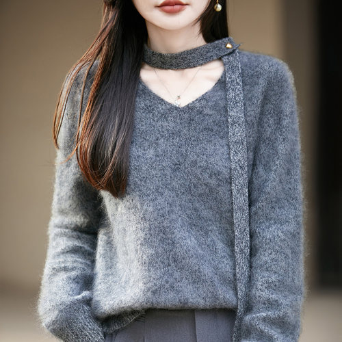 100%羊毛V领飘带宽松女羊绒毛衣