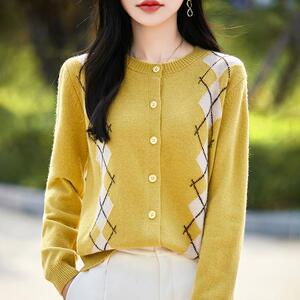 秋冬圆领菱形拼色100%纯羊绒开衫外套女加厚毛衣宽松羊毛针织上衣