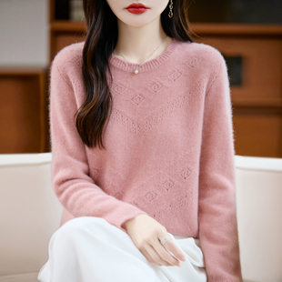 秋冬100%纯羊毛衫 打底 针织毛衣女花边圆领加厚镂空上衣宽松羊绒衫