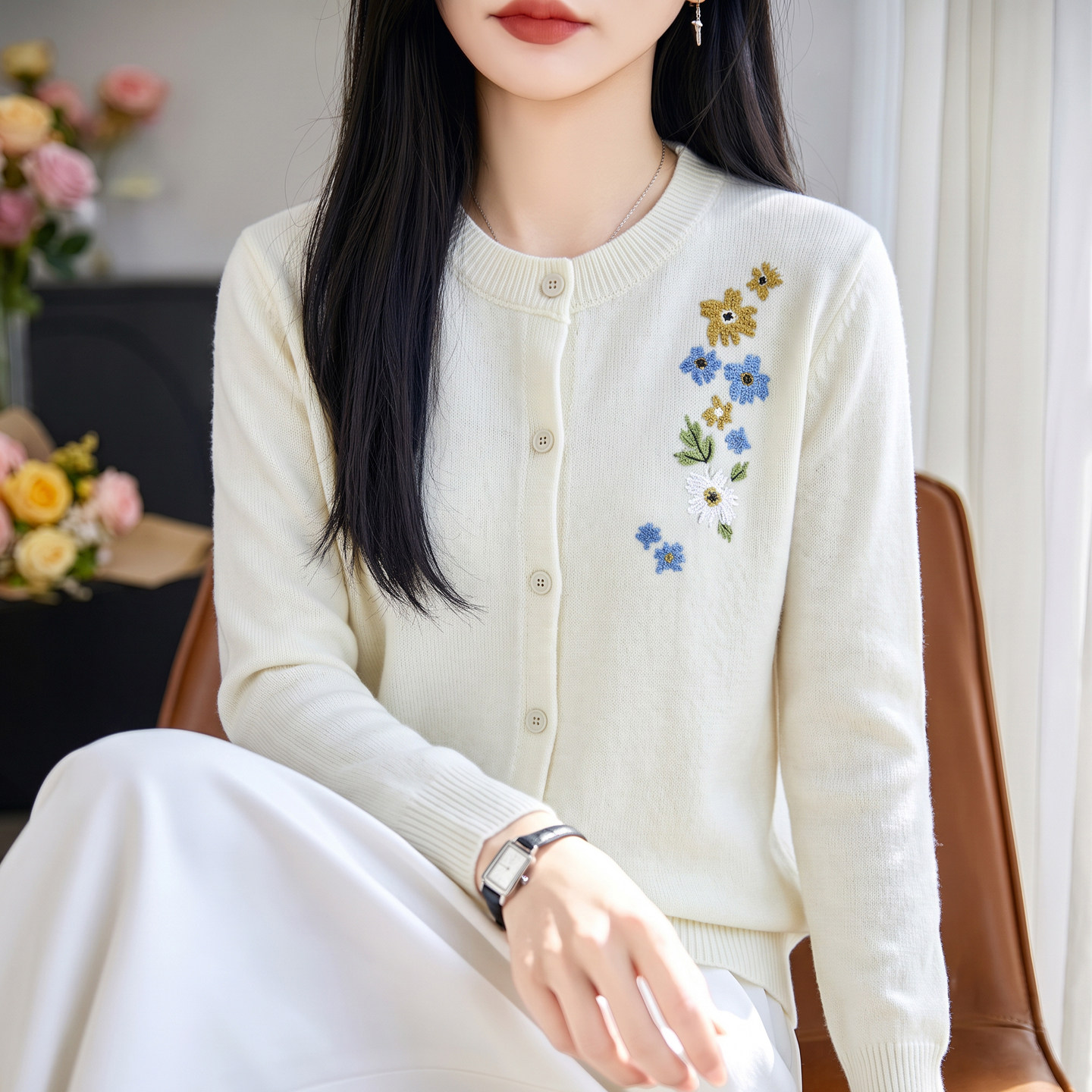 重工刺绣拼色精纺羊毛开衫女外套