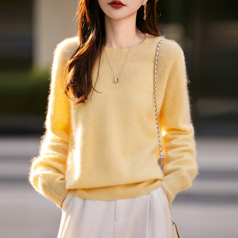100%纯羊毛衫女圆领纯色拉绒长袖