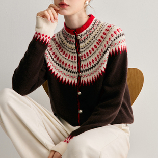 复古费尔岛拼色山羊绒开衫女半高领加厚针织毛衣宽松气质羊毛外套