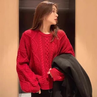 松弛感慵懒新年红100%纯羊毛衫女加厚针织长袖毛衣宽松打底羊绒衫