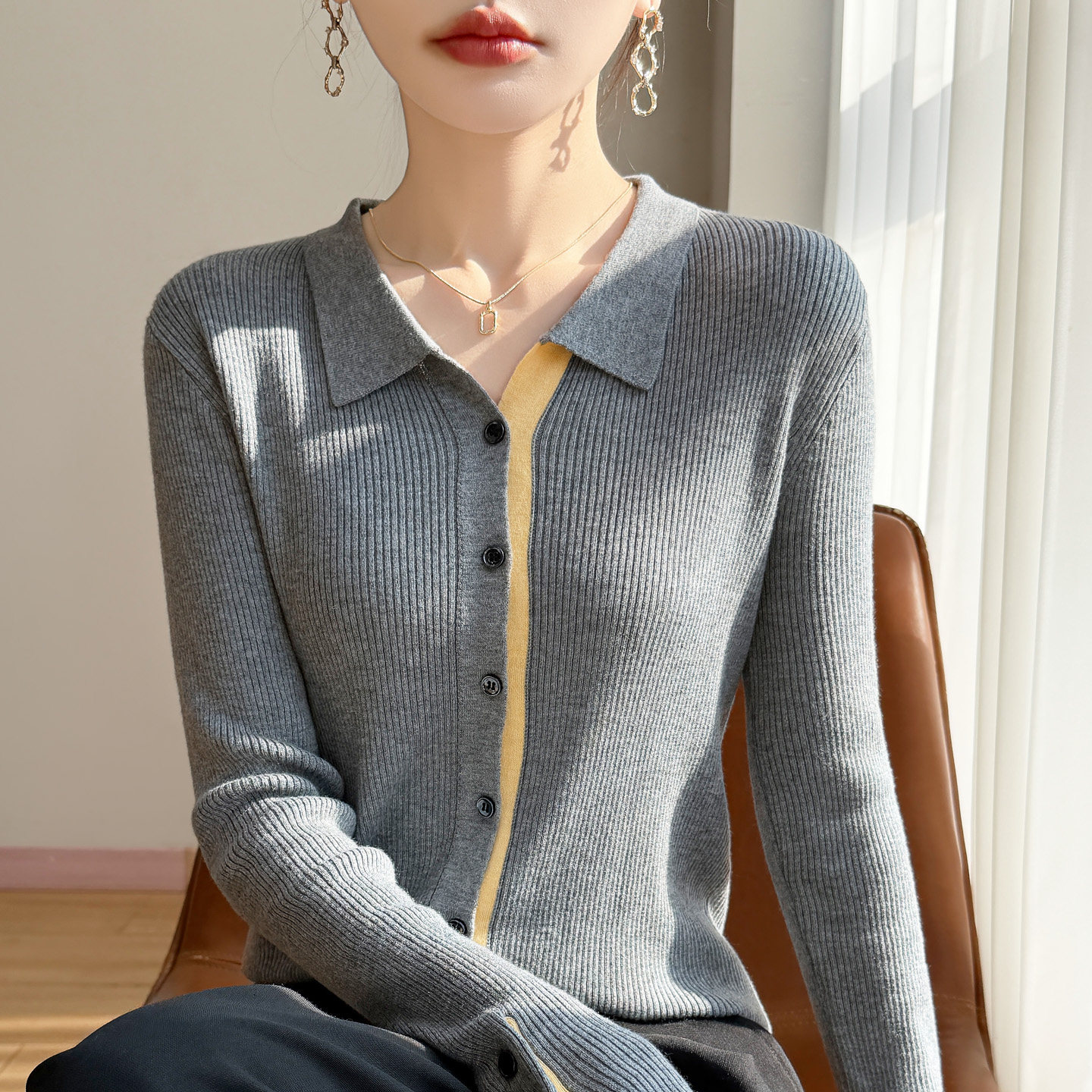 2026新款POLO领拼色精纺羊毛开衫女坑条长袖针织毛衣宽松外套上衣