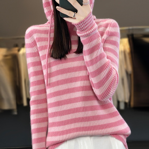 23秋冬新款条纹拼色100%纯羊绒帽衫女长袖连帽毛衣宽松打底羊毛衫