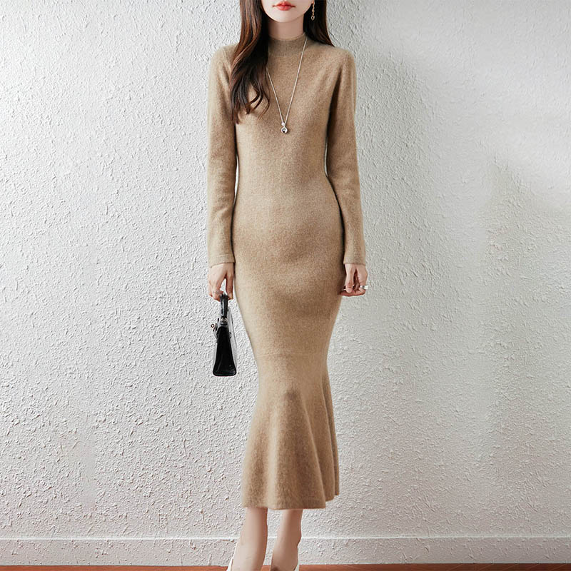 中长款100%纯羊毛衫过膝连衣长裙