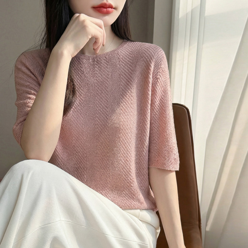 春夏精纺羊毛女短袖圆领提花T恤