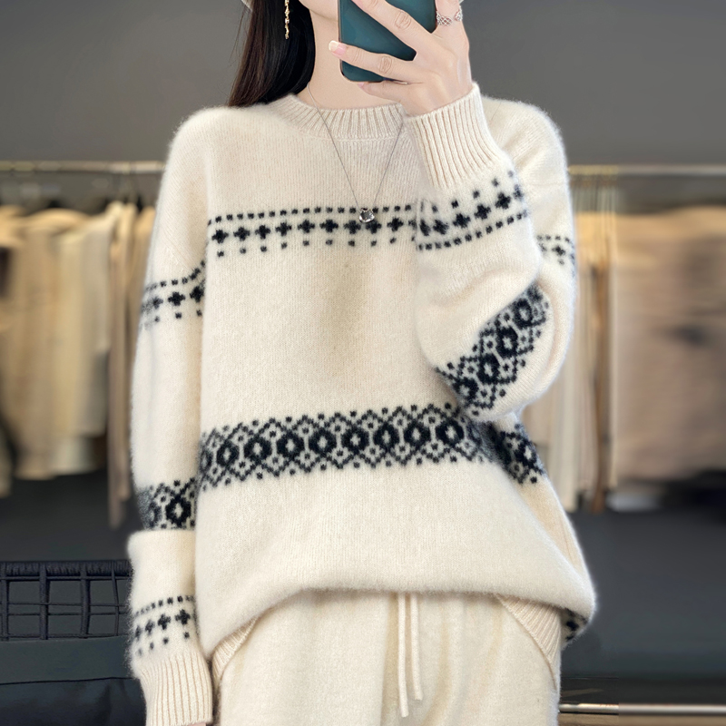 100%纯羊毛衫女圆领复古拼色毛衣