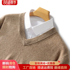 100%纯羊绒衫男士V领长袖针织毛衣秋冬新款纯色宽松羊毛衫打底衫