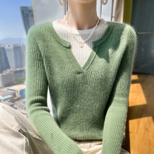 秋冬新款圆领100%纯羊绒衫女拼色假两件毛衣宽松羊毛衫针织打底衫