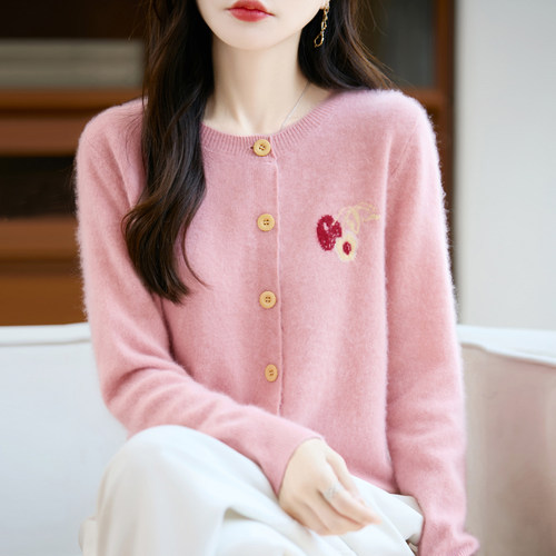100%纯羊毛衫针织毛衣女圆领樱桃