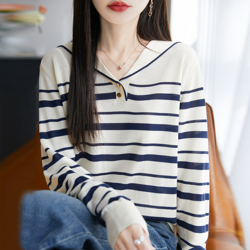 海军领条纹针织衫女宽松长袖T恤