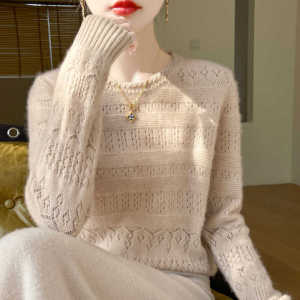 2024秋冬圆领镂空100%纯羊绒衫女宽松长袖毛衣针织打底羊毛衫上衣