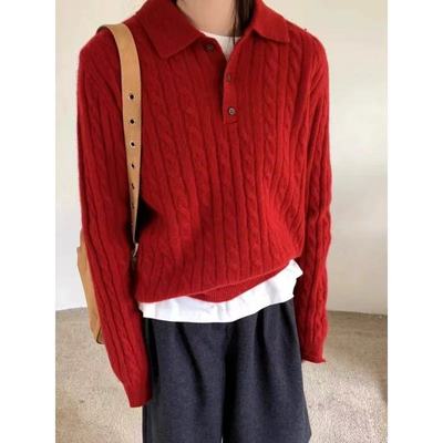 翻领麻花100%纯羊毛衫女针织毛衣