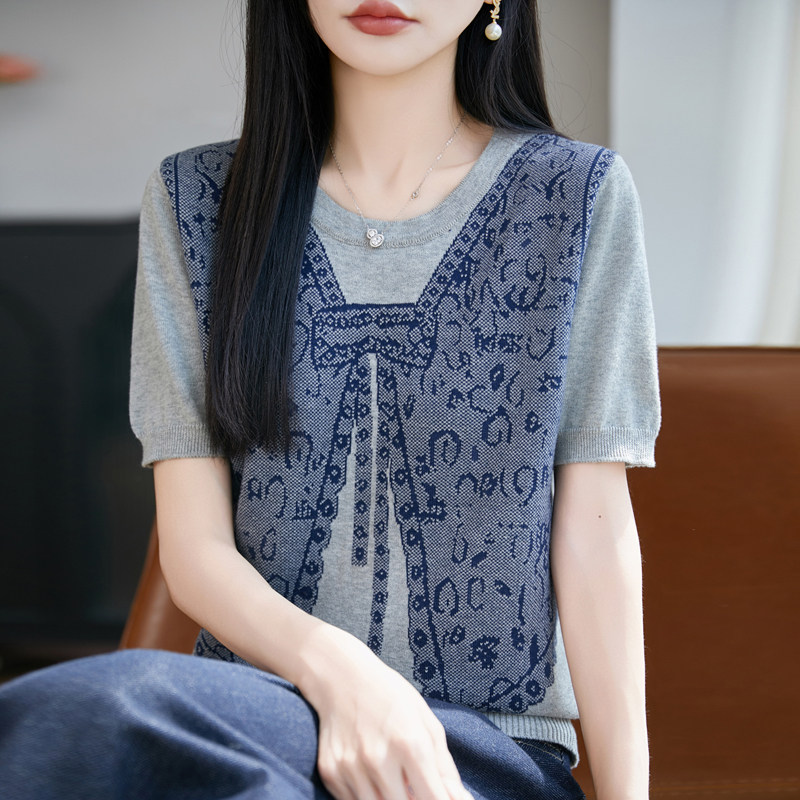 蝴蝶结印花纯棉针织短袖T恤背心