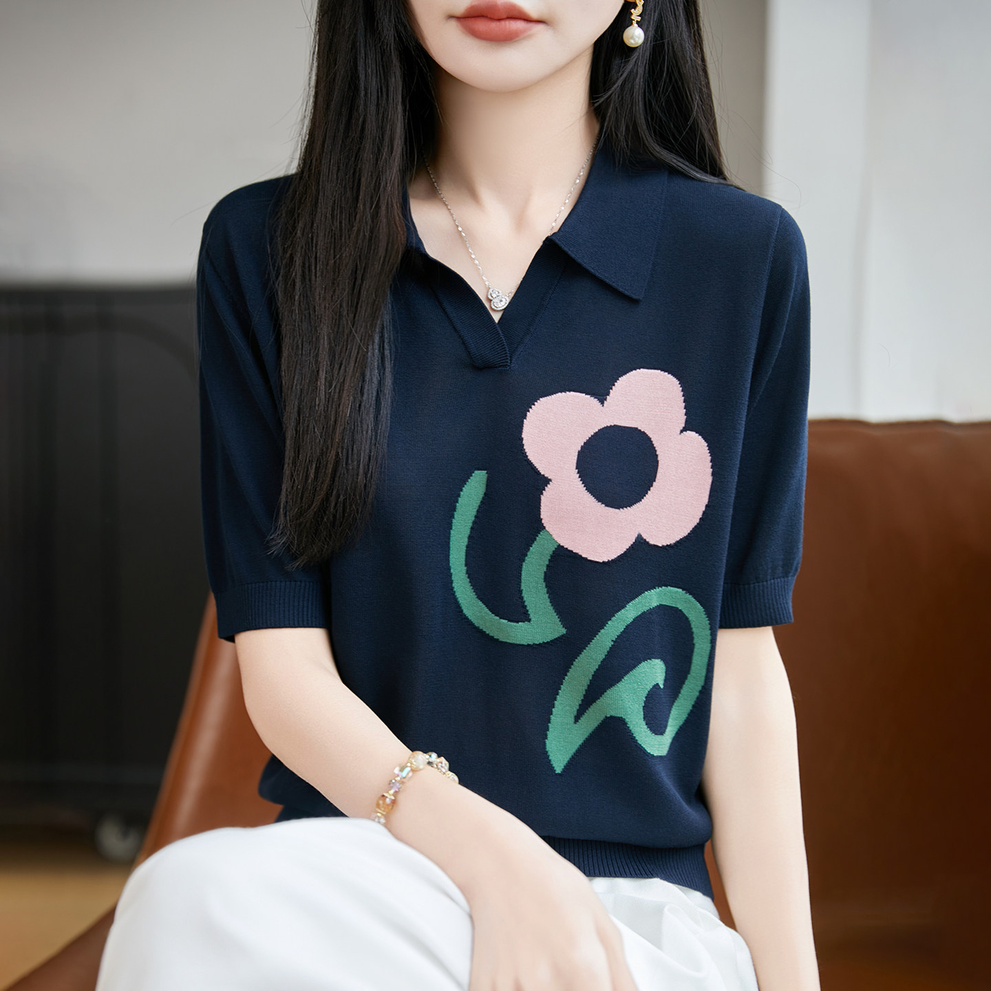 莱赛尔天丝针织POLO领女T恤打底