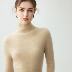 软糯级半高领山羊绒衫女一线成衣坑条针织毛衣修身显瘦无缝羊毛衫