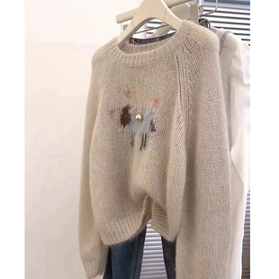 100%纯羊毛衫女圆领拼色小羊提花针织毛衣加厚宽松羊绒衫打底上衣