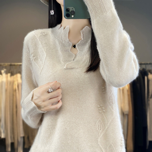 100%纯羊绒衫女秋冬款V领花边领刺绣提花针织毛衣宽松打底羊毛衫