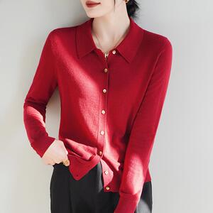 Polo领精纺羊毛开衫女春秋新款纯色针织毛衣宽松百搭休闲外套上衣