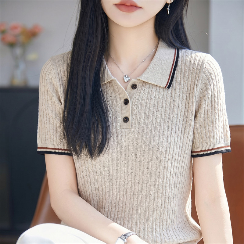 撞色POLO领针织短袖T恤女夏季天丝亚麻提花镂空背心宽松打底半袖