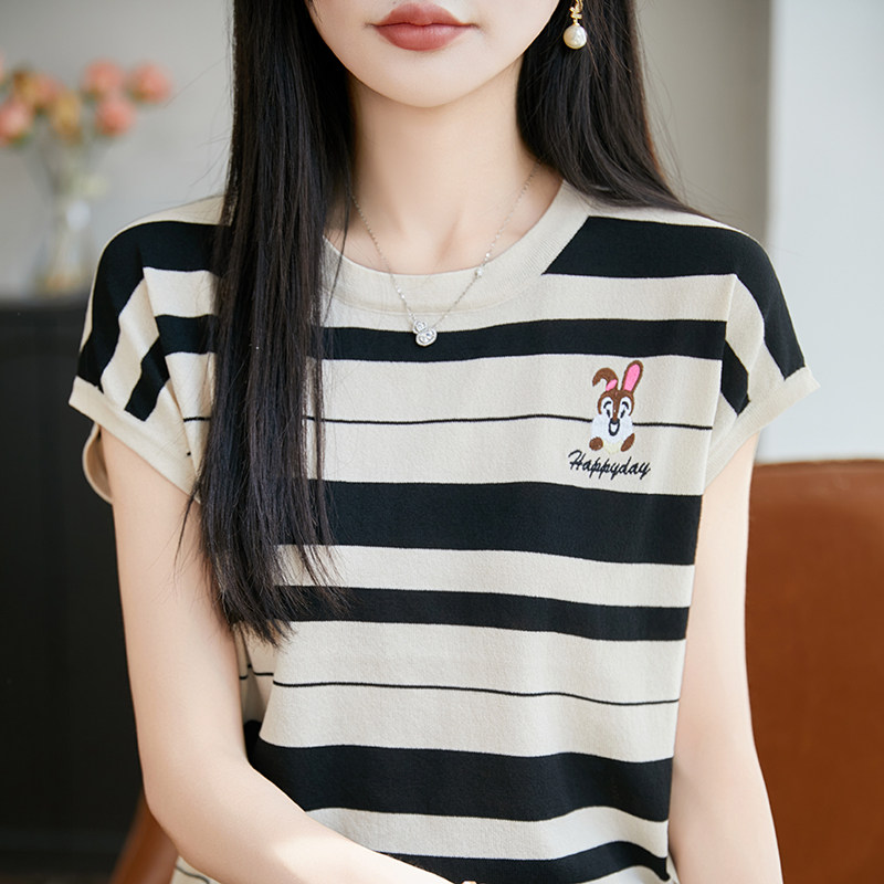 重工兔子刺绣冰丝针织短袖女圆领条纹拼色背心上衣宽松半袖T恤衫