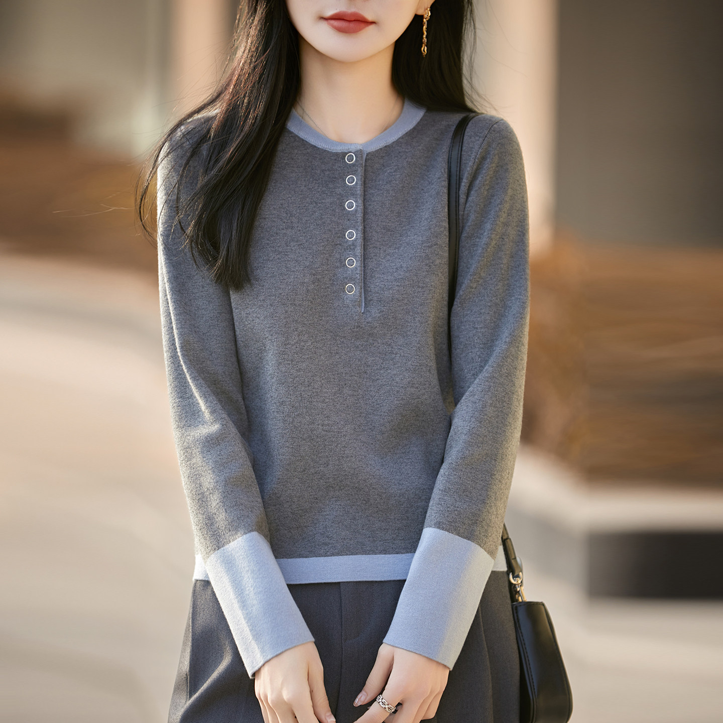 26春秋拼色超细精纺羊毛衫女圆领长袖针织毛衣宽松气质打底衫上衣