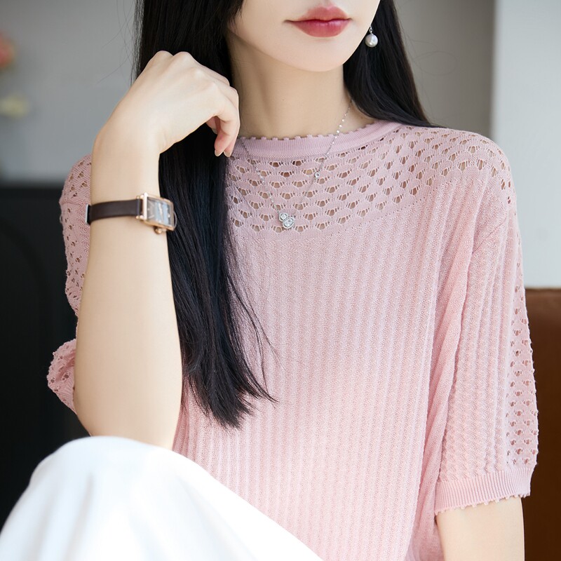 莱赛尔天丝针织镂空五分袖T恤女