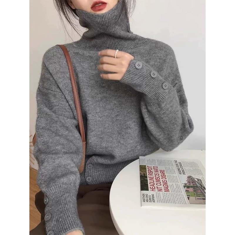 高领加厚100%纯羊毛衫女秋冬纽扣针织毛衣宽松气质慵懒风羊绒打底,女装/女士精品,羊绒衫,淘宝优惠券,粉丝福利购,淘宝优惠卷