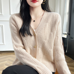 24秋冬V领100%纯羊绒针织开衫女提花羊毛衫复古长袖外套上衣外套