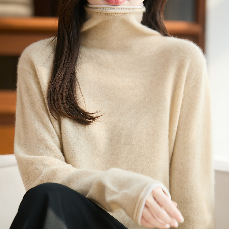 100%羊毛女高领拼色堆堆毛衣打底