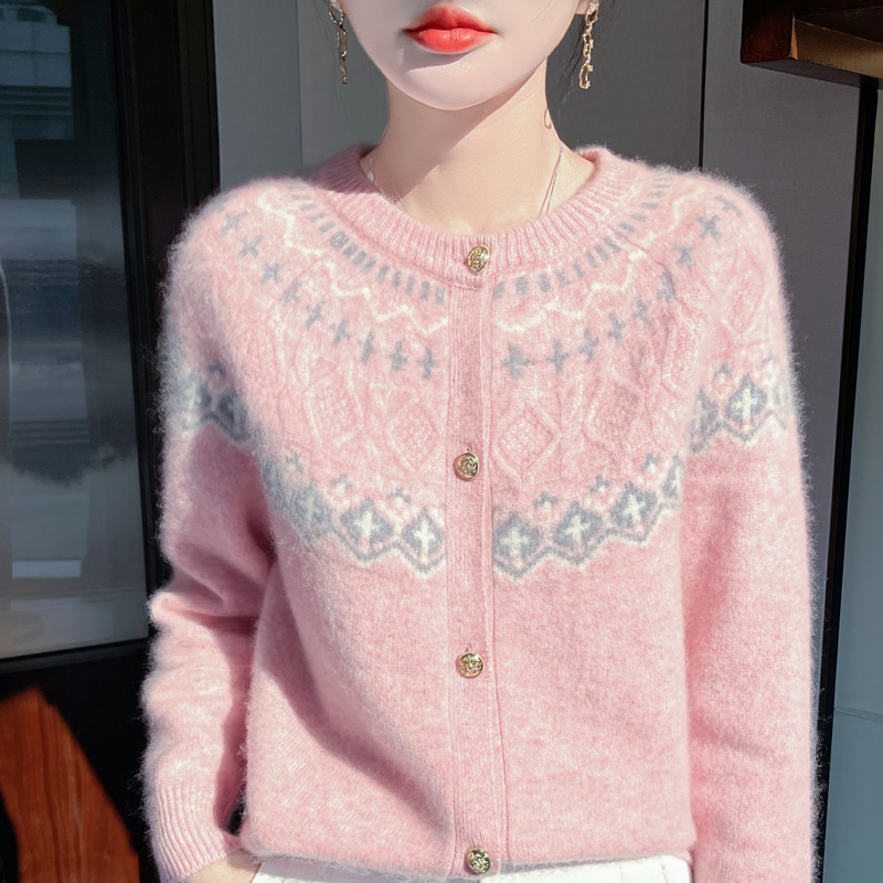 100%纯羊毛衫针织开衫女圆领外套